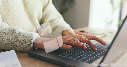 Image of Laptop, computer and business woman hand typing, writing on notebook for planning, schedule and meeting review. Zoom, hands and strategy analytics for collaboration, research and KPI growth