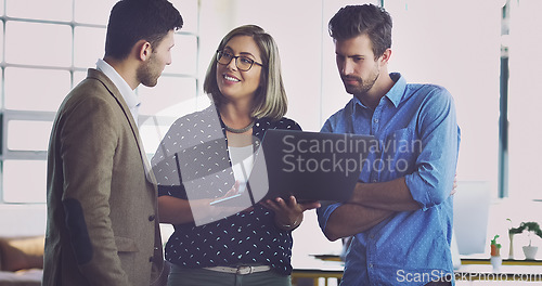 Image of Laptop, teamwork collaboration or business people consulting on social network, customer experience or ecommerce. Digital brand monitoring, website feedback or media team review of online survey data