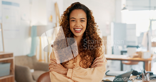 Image of Designer, fashion and portrait of business woman with smile, laugh and happy from startup success. Excited black woman in creative workspace with successful small business in fashion design industry