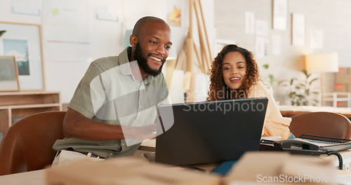Image of Business people, laptop and online shopping logistics planning of ecommerce orders, small business stock or e commerce delivery. Smile, happy or talking teamwork on shipping boxes schedule technology