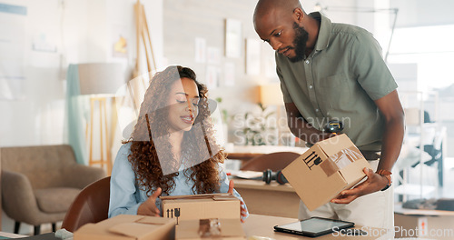 Image of Man, woman and tablet for online shopping logistics, e commerce shipping boxes or retail shopping ecommerce. Technology, small business and product delivery management for talking black man and woman