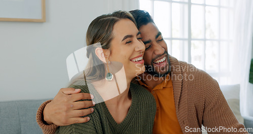 Image of Happy, gaming couple or friends with video game in living room for fun or bonding in living room of house. Technology, love or man and woman gamer for online, internet or digital streaming with smile