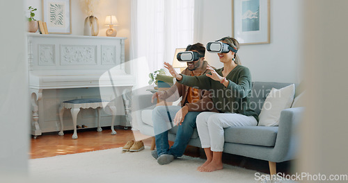 Image of VR gamer couple, metaverse or futuristic tech on sofa in living room for cyber game, 3D gaming or future ai media. Virtual reality, video game or esports for technology, digital fun or online fantasy