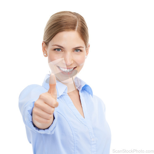 Image of Business woman, portrait and thumbs up for winning, job done and thank you for support or approval. Face of happy female with hand emoji for, sale, deal or discount isolated on white background