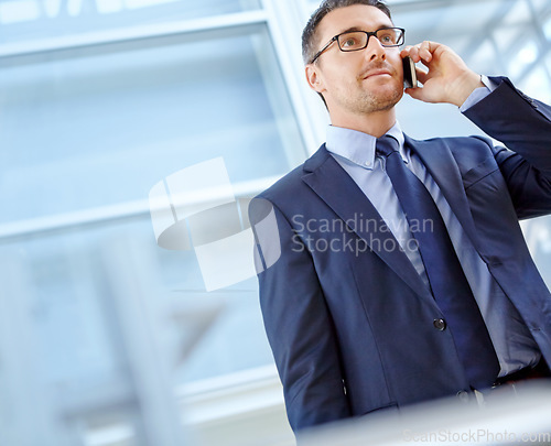 Image of Phone call, communication or business man in airport lobby for loan, global finance or investment negotiation. Travel, standing or manager smartphone for networking, b2b network or planning meeting