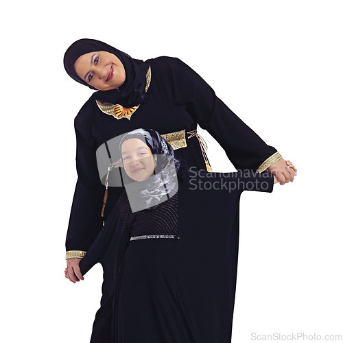 Image of Muslim grandmother, girl and family portrait of a islamic and muslim woman with a happy child. Isolated, white background and kid with happiness, faith and love for grandma with hijab holding hands