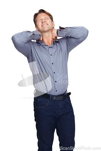 Image of Neck pain problem, studio and business man with emergency crisis, employee work risk or injury. Medical healthcare, anatomy and hurt corporate worker with muscle strain accident on white background