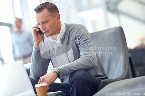 Image of Phone call, communication or business man in airport lobby for loan, wealth or investment negotiation. Travel, laptop or manager with smartphone for networking, b2b network or planning meeting