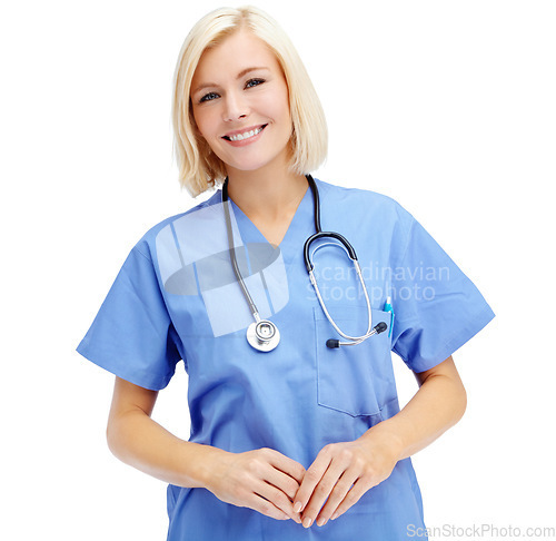 Image of Nursing, healthcare and portrait of a nurse in studio with a stethoscope ready for a consultation. Medicare, doctor and happy female medical worker from Canada in scrubs isolated by white background.