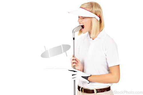 Image of Golf, club and frustrated sports woman with marketing mock up, studio advertising space or angry over game. Bite, challenge fail and golfer anger over competition mistake on mockup white background