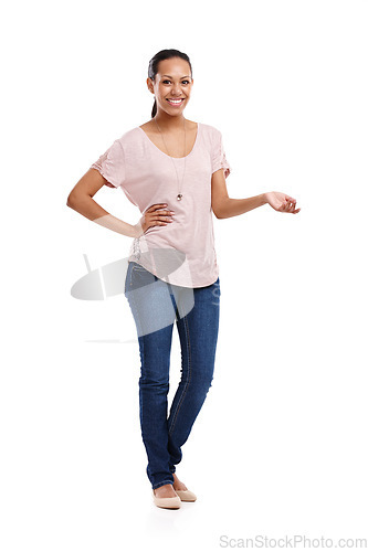 Image of Portrait, product and mockup with a model black woman in studio isolated on a white background for branding. Marketing, advertising and mock up with a female posing to promote blank product placement