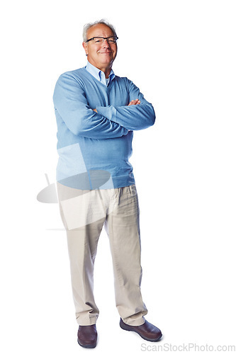 Image of Portrait, thinking and senior man in studio, relax and proud while enjoying retirement on white background. Confident, relaxed and retirement elderly man posing, satisfied and content while isolated