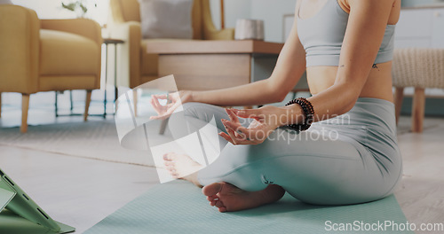 Image of Meditation, pilates and home yoga for black woman working on spiritual chakra peace, freedom of the mind and zen mindset. Body health, wellness lifestyle and relax girl training on living room floor