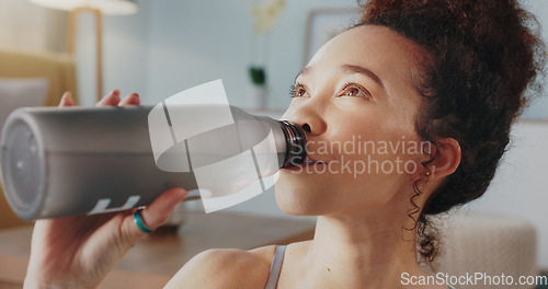 Image of Fitness, relax and woman drinking water in living room, health and exercise. Yoga, internet or e learning with athlete in home gym training for wellness