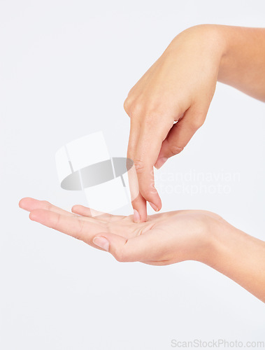 Image of Hands, mockup and fingers walking on a palm in studio on a white background for direction or navigation. Social media, emoji and gesture with a female hand taking a walk or step on blank space