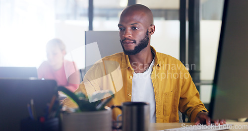 Image of Information technology, research and businessman on computer, laptop and keyboard for software development, website and system update. Programming, solution and digital business man at desk in office