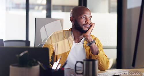 Image of Thinking, business man computer and IT engineer reading code, analytics and software strategy data. Bored black man coding, programming and writing a information technology solution with tech