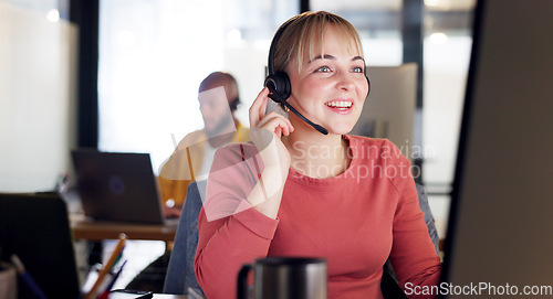 Image of Call center, customer service and woman consultant in the office doing a consultation online. Contact us, ecommerce sales professional and female telemarketing agent working on a crm