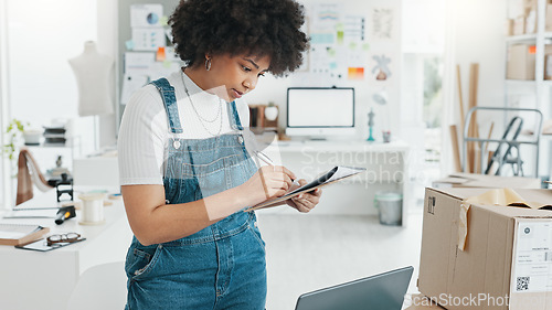 Image of Stock, planning and logistics with business owner doing inventory and ecommerce orders on laptop in office. Retail, management and woman factory manager writing list for shipping box delivery package