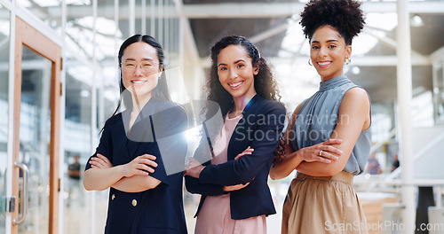 Image of Corporate women, empowerment and portrait of team at creative marketing startup company. Teamwork, diversity and confident group of ladies with ideas in advertising industry standing in office lobby.