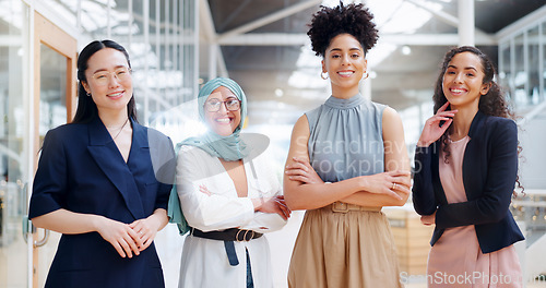 Image of Diversity, empowerment and portrait of team of women at creative marketing startup company. Teamwork, diversity and confident group of women with focus, smile and ideas in advertising industry office