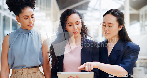 Image of Tablet, collaboration and walking business people planning marketing strategy and teamwork. Digital technology, diversity and creative women for social media review, app management and communication