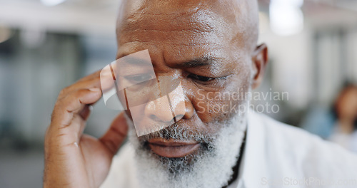 Image of Black man, lawyer and face stress, headache or mental health pressure in mature law firm, legal office or consulting company. Zoom, attorney and thinking employee manager, ideas or court case anxiety