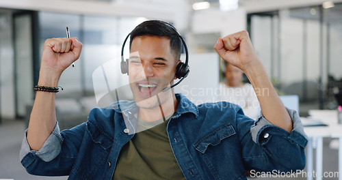 Image of Businessman, call center and sale celebration in telemarketing, financial broker or consultant at office. Happy employee agent in applause for deal success, investment or customer service on compute