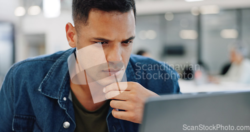 Image of Thinking, confused and man at laptop writing notes for project planning at web design company. Professional ux employee at office working, thoughtful and focused on email idea for client