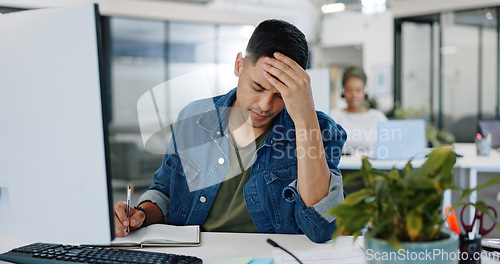 Image of Call center, headache and worker with stress from customer service, online support and work as telemarketing consultant. Tired, frustrated and man in technical support with a problem while consulting