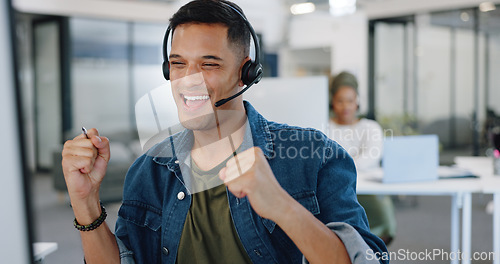 Image of Businessman, call center and sale celebration in telemarketing, financial broker or consultant at office. Happy employee agent in applause for deal success, investment or customer service on computer