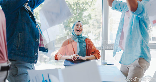Image of Success, goals or team with documents in air to celebrate meeting office kpi sales target for business growth. Paperwork, Muslim woman or excited people in celebration of winning or group achievement