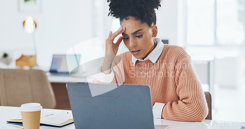 Image of Business, stress and woman with laptop, tired and overworked in office, burnout and stress with mental health. Female, girl and administrator with fatigue, frustrated and online work for schedule.