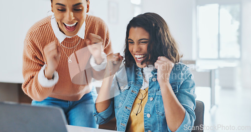 Image of High five, laptop or happy employees with success in celebration of digital marketing SEO goals or kpi target. Bonus, wow or excited black woman or girl winner celebrate winning, email or good news