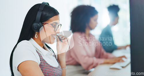 Image of Call center woman, office and communication for customer service, help and advice by computer with team. Crm expert, consultant and contact us for customer support, consulting clients and help desk