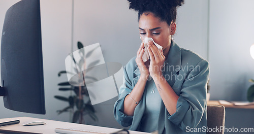 Image of Business, woman and sneeze in office, computer and sickness. Female entrepreneur, administrator and tissue for illness, flu and girl overworked, burnout and employee for corporate planning or startup