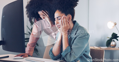 Image of Computer, black african american woman or manager coaching, training or helping an employee with mentorship at office desk. Leadership, collaboration or worker with a question talking or speaking of