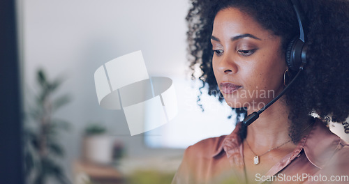 Image of Communication, computer or black woman on a video call in call center consulting, networking or helping with advice. Contact us, wave or happy African American mixed race black worker talking, conver