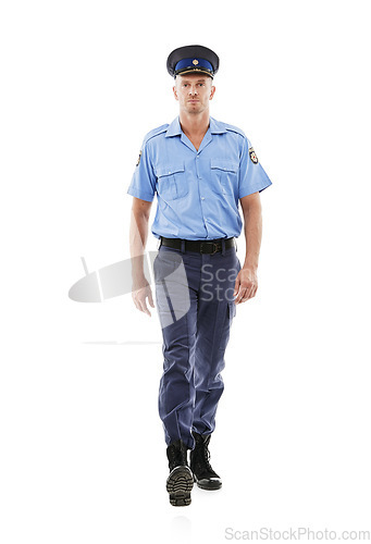 Image of Police officer, portrait and man walking for law enforcement march, public safety or security service watch. Protection guard, serious studio sheriff or crime hero isolated on white background