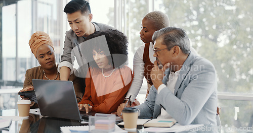 Image of Team, business people and conversation with laptop, brainstorming for advertising campaign and office. Staff, teamwork and digital analysis for group project, sales growth and collaboration for goal