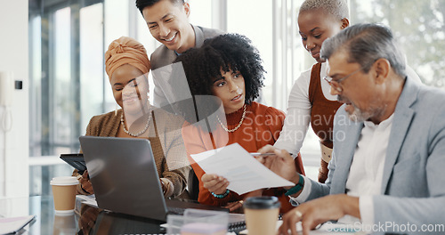 Image of Team, business people and conversation with laptop, brainstorming for advertising campaign and office. Staff, teamwork and digital analysis for group project, sales growth and collaboration for goal