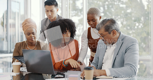 Image of Team, business people and conversation with laptop, brainstorming for advertising campaign and office. Staff, teamwork and digital analysis for group project, sales growth and collaboration for goal