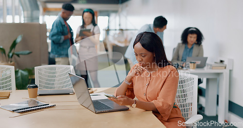 Image of Black woman, thinking and laptop for digital marketing, writing notes or online schedule in modern office. African American female, administrator and creative with idea, planning advertising or focus