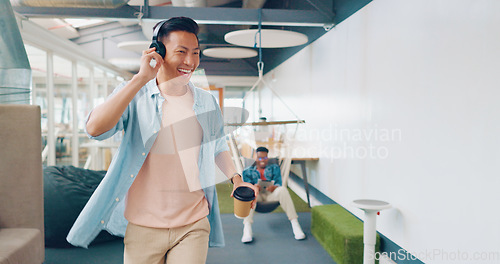 Image of Businessman, dancing headphones or walking in modern office, coworking space or teamwork marketing company with freedom energy. Smile, happy or music dance for worker or creative designer with coffee