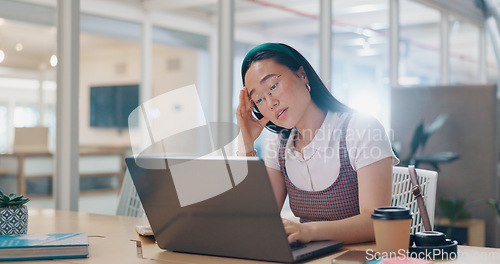 Image of Laptop, burnout or woman with headache, stress or fatigue at office desk working on a digital marketing SEO project. Tired, overworked or upset Japanese employee frustrated with migraine pain problem