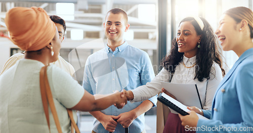 Image of Diversity, team and handshake for partnership, business and collaboration in modern office. Teamwork, multiracial and staff greeting, hand gesture for welcome and group project for startup company.