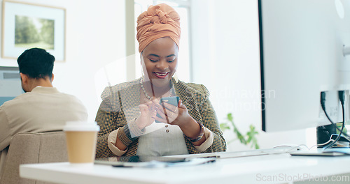 Image of Business phone, office and black woman laughing at funny meme, joke or comedy on social media. Comic, cellphone and female employee with mobile smartphone laugh at online humor while web browsing.