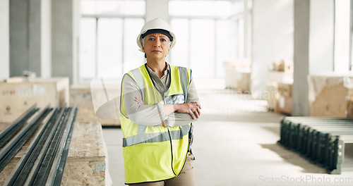 Image of Construction, senior engineer and portrait of woman at indoor maintenance and building site. Elderly leader, architect and industrial contractor at architecture project to plan, monitor and lead.