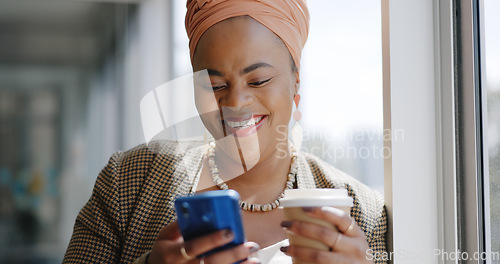 Image of Business, black woman and smartphone for typing, social media and connection in office. Female entrepreneur, African American leader and ceo with phone for conversation, coffee and search internet