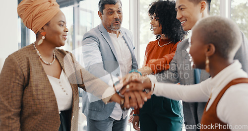 Image of Teamwork, collaboration hands and applause of business people for support, trust and team building. Motivation, success and group of employees in huddle clapping in celebration of goals or targets.